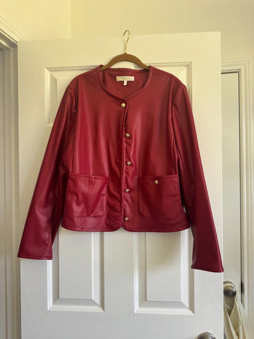 Jude Connally Red Faux Leather Hope Jacket Collarless Gold Button XL